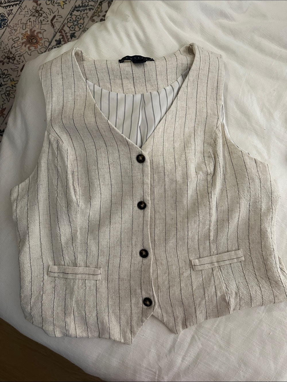 Tullea Pinstripe Fitted Vest Ladies XL Preppy Waistcoat Beige Business